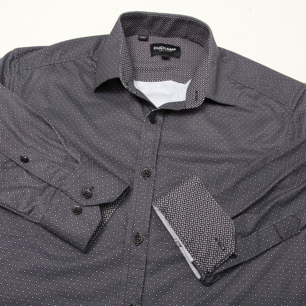 Duchamp London Button Up Shirt Mens S Black White Geometric Stretch Long Sleeve